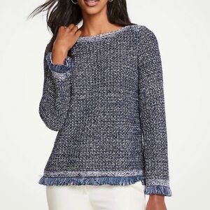 Ann Taylor tweed frayed sweater in navy blue with metallic shimmer detail -Small